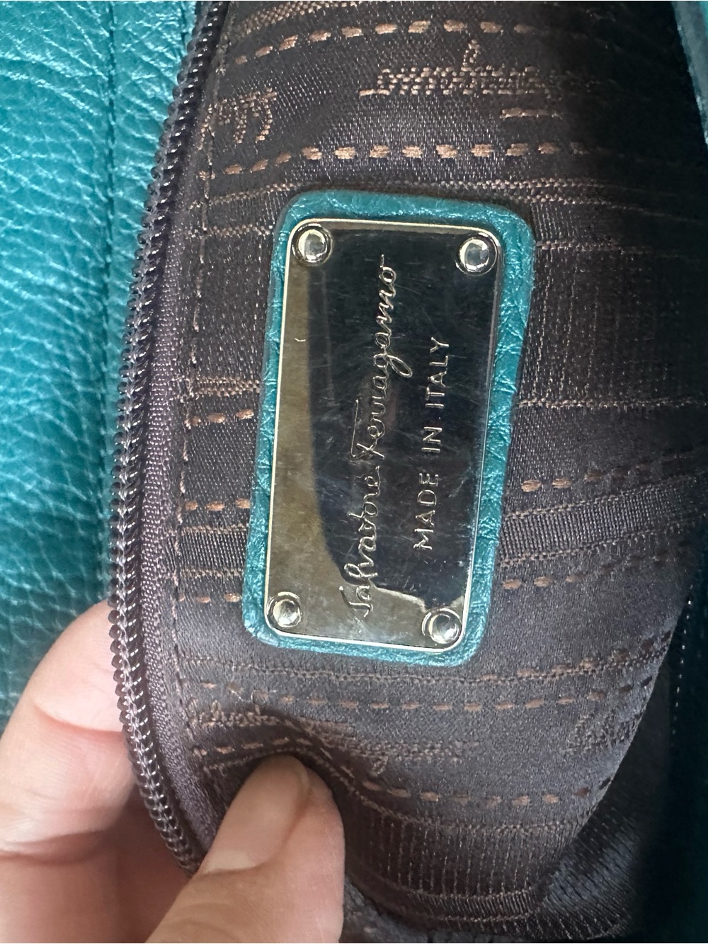 SALVATORE FERRAGAMO Teal Green Leather Top-Handle Satchel/Crossbody bag - Picture 6 of 14